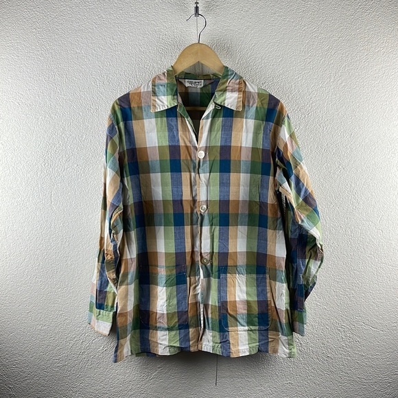 Vintage l 50s M Weldon Plaid Loop Collar Front Pockets Button Down Shirt Jacket